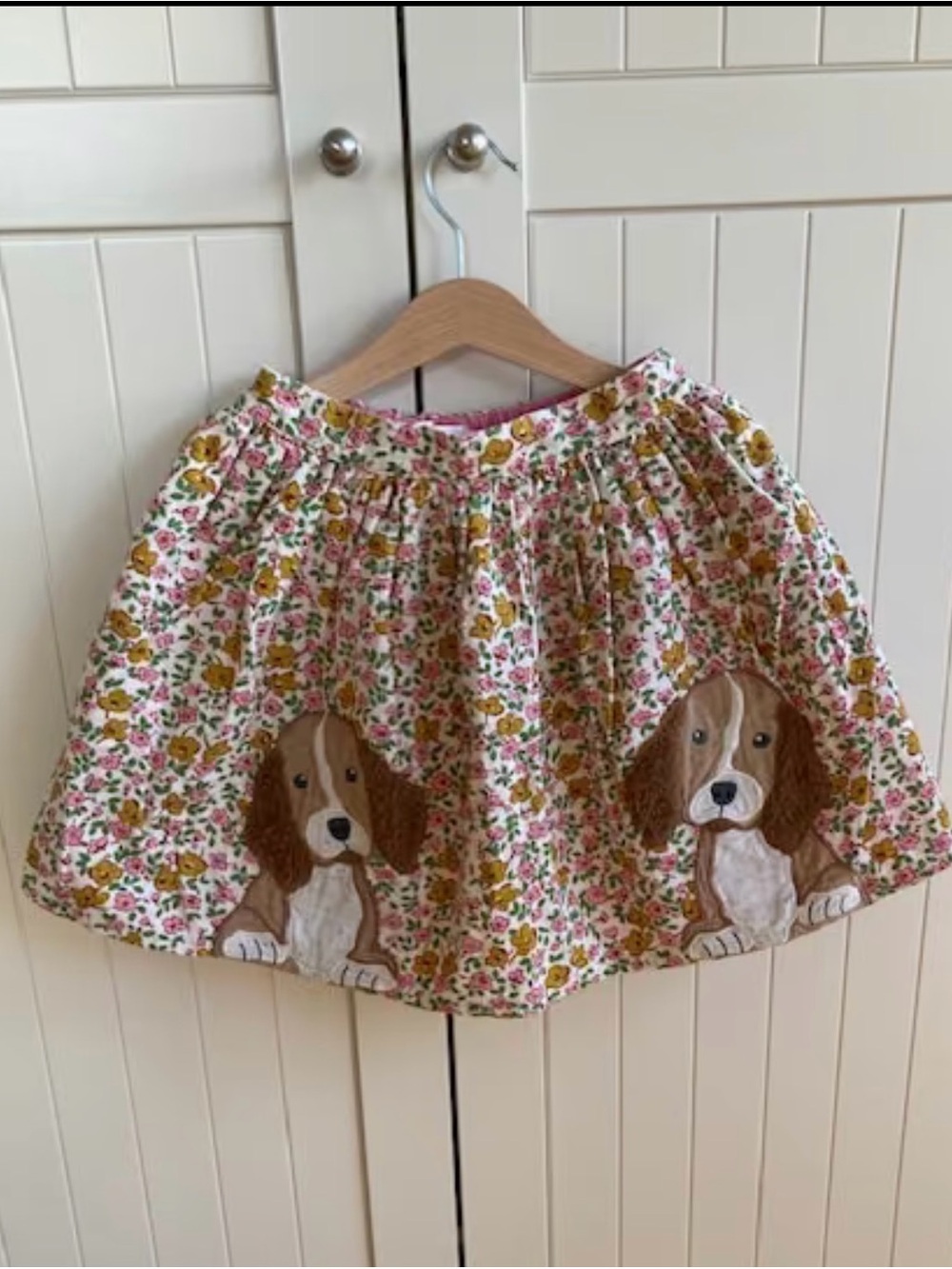 Girls Fall Floral Corduroy Skirt with Puppy Dog Appliqué - Pink & Yellow